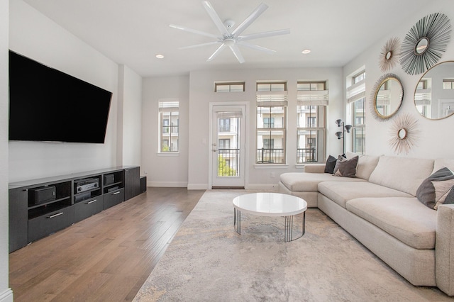 1117 Tea Olive Ln, Dallas, TX 75212 - living area with wood finished floors, plenty of natural light, ceiling fan, recessed lighting, and baseboards