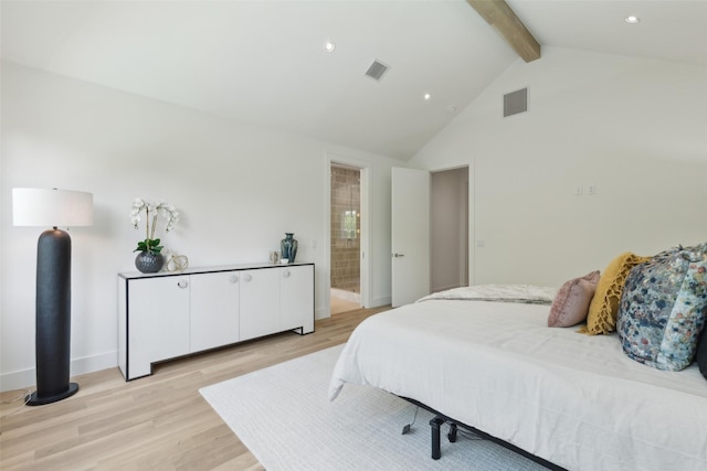 bedroom featuring light wood-style floors, baseboards, beamed ceiling, and visible vents