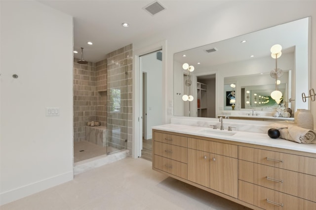 bathroom with visible vents, vanity, recessed lighting, tile patterned floors, and a stall shower