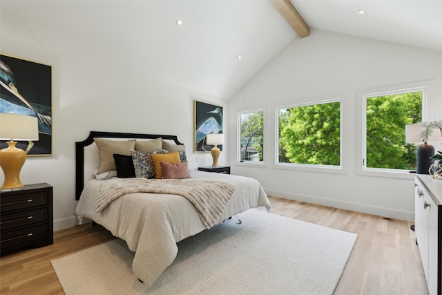 bedroom featuring recessed lighting, baseboards, lofted ceiling with beams, and light wood-type flooring
