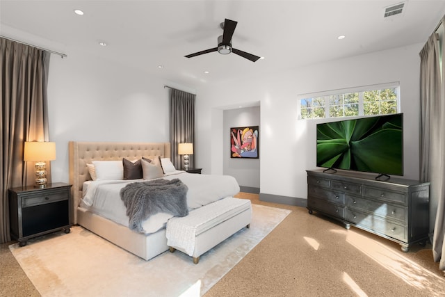 bedroom featuring speckled floor, baseboards, visible vents, ceiling fan, and recessed lighting