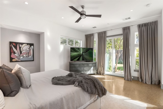 bedroom featuring multiple windows, visible vents, and recessed lighting