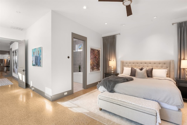bedroom featuring recessed lighting, light speckled floor, baseboards, visible vents, and a ceiling fan