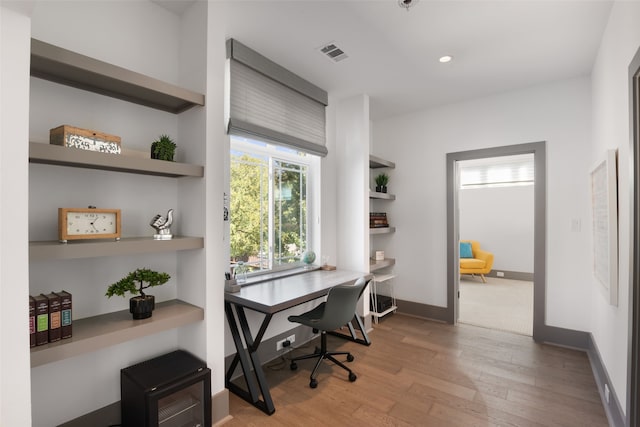 home office with baseboards, visible vents, recessed lighting, and wood finished floors