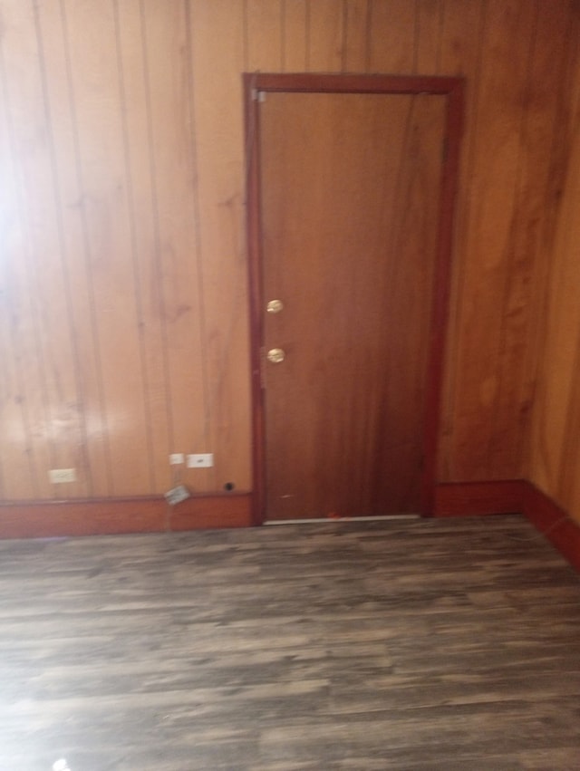 unfurnished room featuring wood walls and wood finished floors