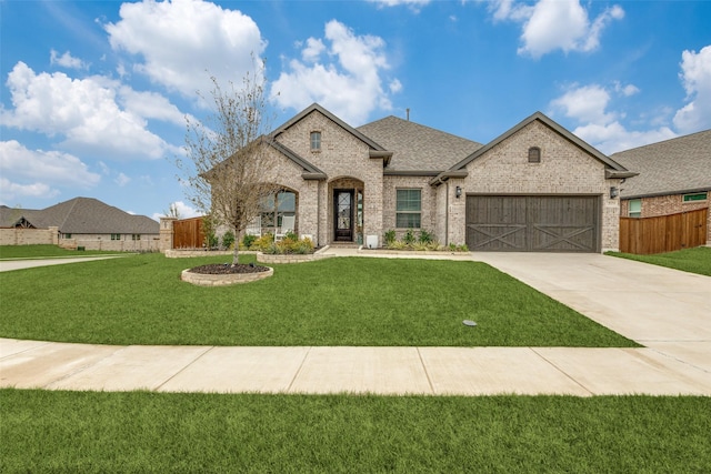 french country home featuring driveway, brick siding, fence, and a garage