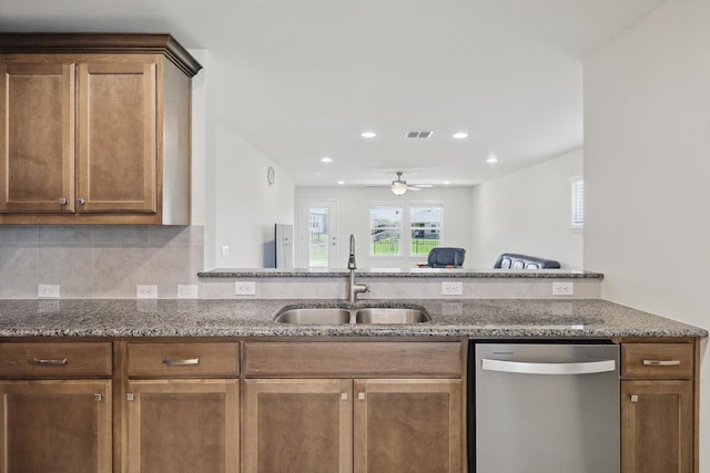 1256 Bright Stars Dr, Little Elm, TX 76227 - kitchen featuring dishwasher, a sink, stone counters, a ceiling fan, and recessed lighting