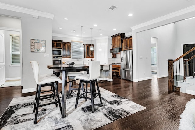 3627 Harvest Ln, Frisco, TX 75034 - dining space with stairway, baseboards, dark wood-type flooring, recessed lighting, and crown molding
