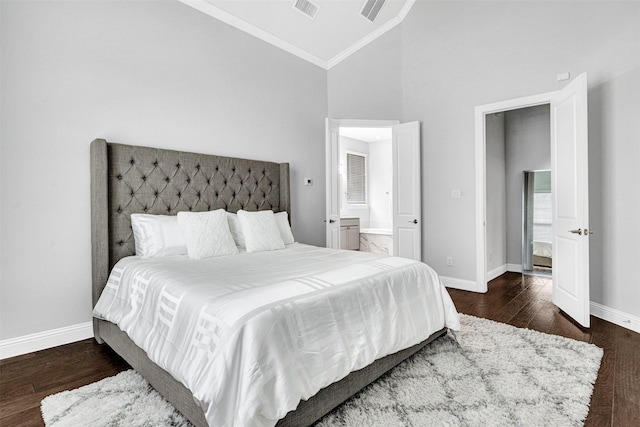 3627 Harvest Ln, Frisco, TX 75034 - bedroom featuring high vaulted ceiling, baseboards, wood finished floors, ornamental molding, and ensuite bath