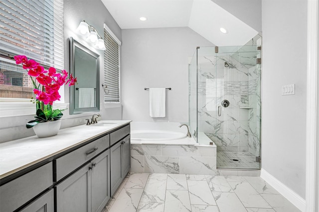 3627 Harvest Ln, Frisco, TX 75034 - bathroom featuring marble look tile flooring, a marble finish shower, a bath, vanity, and recessed lighting