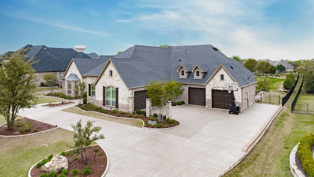 french provincial home featuring stone siding, brick siding, driveway, and fence
