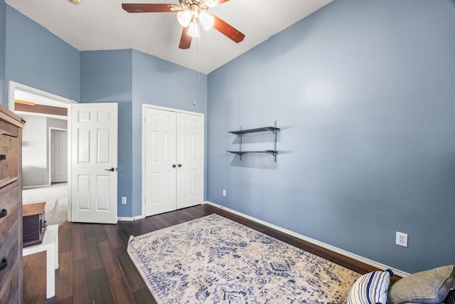 7113 Raintree Way, Denton, TX 76210 - bedroom featuring baseboards, ceiling fan, a closet, and wood finished floors