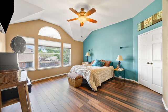 7113 Raintree Way, Denton, TX 76210 - bedroom featuring wood finished floors, a ceiling fan, baseboards, and lofted ceiling