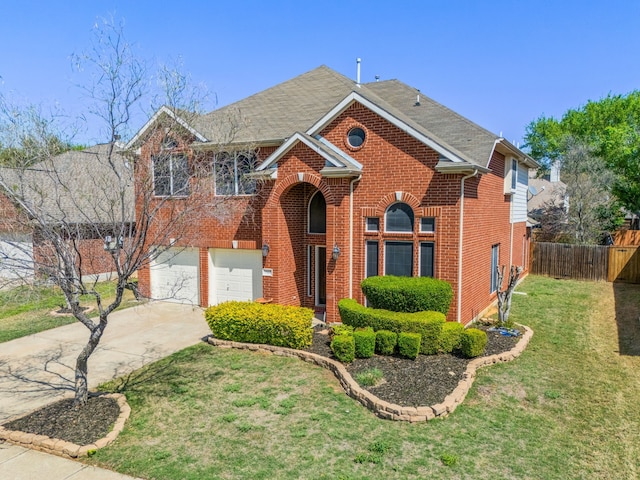 7113 Raintree Way, Denton, TX 76210 - view of front of house with driveway, a garage, brick siding, fence, and a front lawn