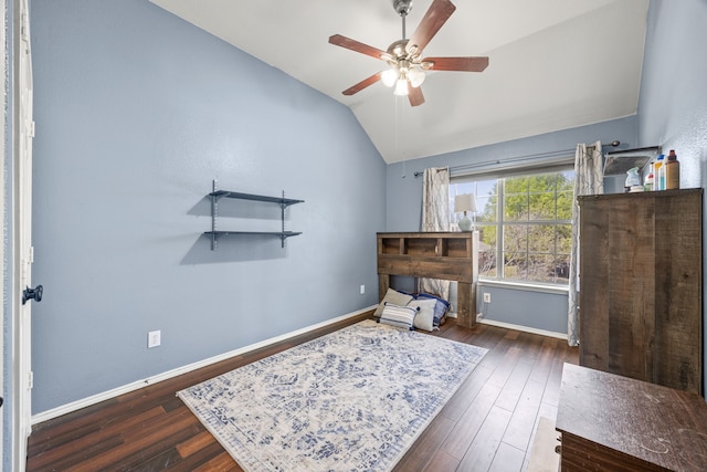 7113 Raintree Way, Denton, TX 76210 - living area with baseboards, a ceiling fan, dark wood-style floors, and lofted ceiling