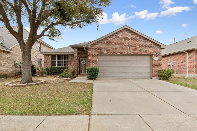 single story home with brick siding, driveway, a garage, and a front lawn