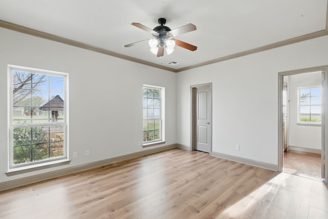 spare room with baseboards, ornamental molding, a healthy amount of sunlight, and light wood-type flooring