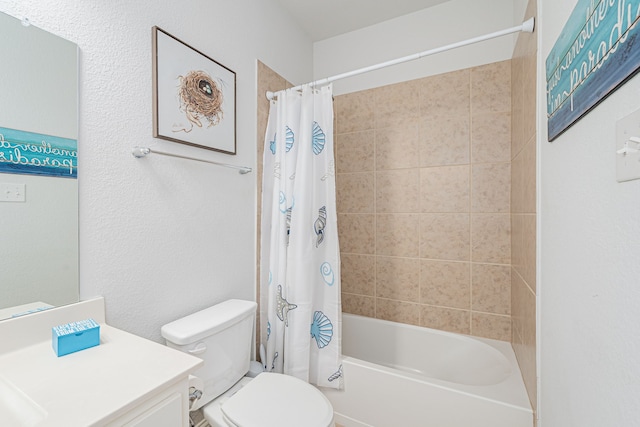 full bathroom featuring vanity, shower / bath combination with curtain, and toilet