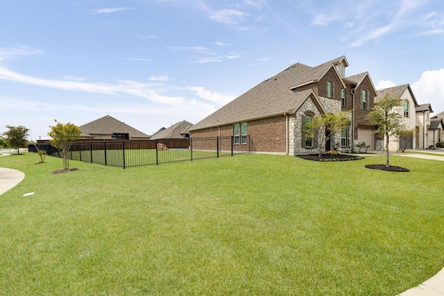 view of home's exterior featuring a lawn, roof with shingles, fence, and stone siding