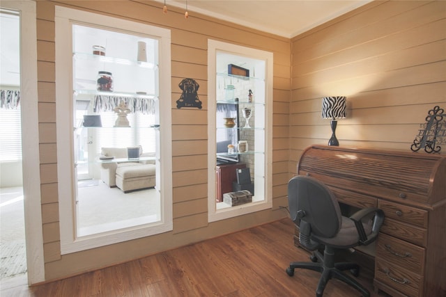 office space featuring wood finished floors and wooden walls