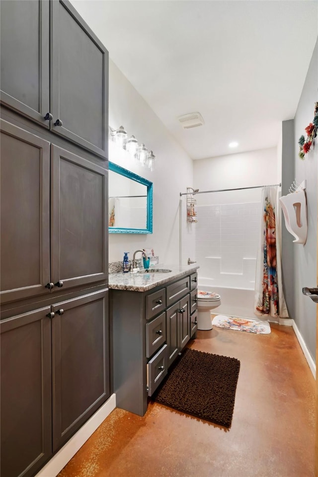 full bathroom featuring toilet, shower / bath combination with curtain, vanity, and finished concrete floors