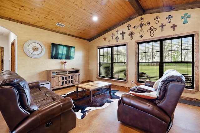 living area featuring wooden ceiling, visible vents, arched walkways, and lofted ceiling with beams