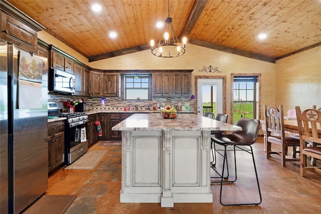 kitchen featuring wooden ceiling, a kitchen island, appliances with stainless steel finishes, lofted ceiling, and decorative backsplash