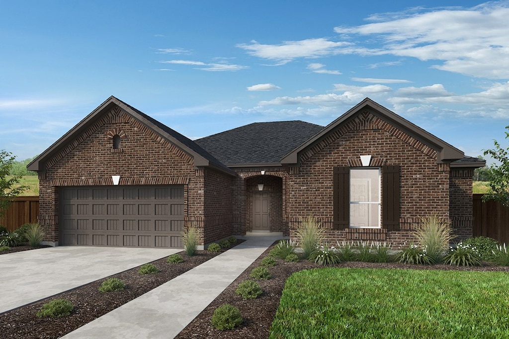 view of front facade featuring fence, a garage, brick siding, roof with shingles, and driveway