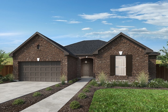 view of front facade featuring fence, a garage, brick siding, roof with shingles, and driveway