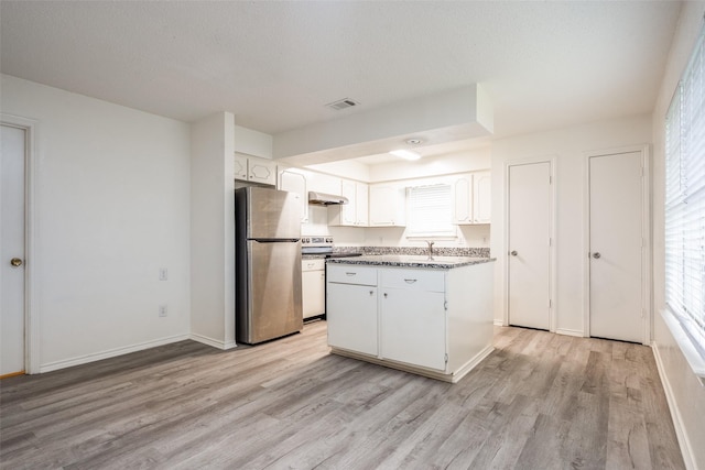 3100 E Park Blvd, Plano, TX 75074 - kitchen with appliances with stainless steel finishes, light wood finished floors, white cabinets, a kitchen island, and baseboards