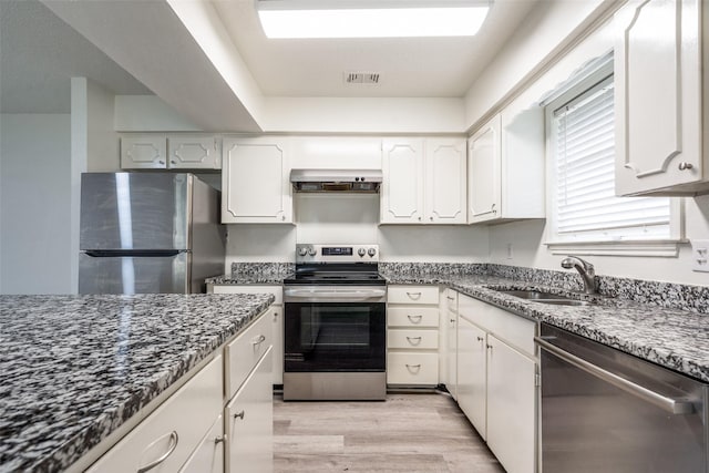 3100 E Park Blvd, Plano, TX 75074 - kitchen with appliances with stainless steel finishes, a sink, white cabinetry, and dark stone counters