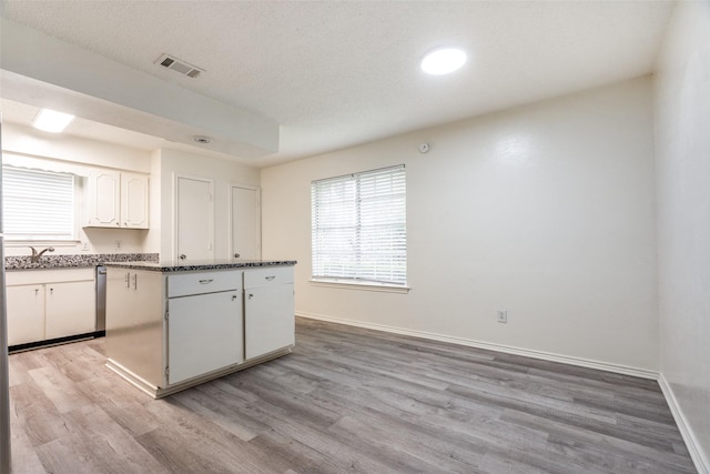 3100 E Park Blvd, Plano, TX 75074 - kitchen with white cabinetry, light wood-style flooring, baseboards, a sink, and a kitchen island