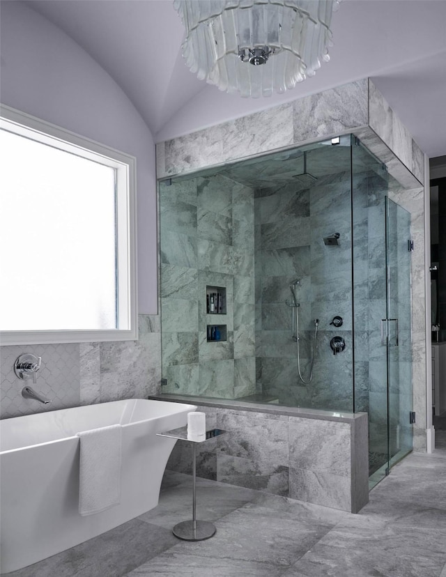 2205 Wheeler Dr, Southlake, TX 76092 - full bath with a stall shower, a soaking tub, marble finish floors, and lofted ceiling