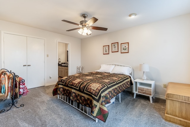 bedroom featuring a closet, carpet floors, baseboards, and a ceiling fan