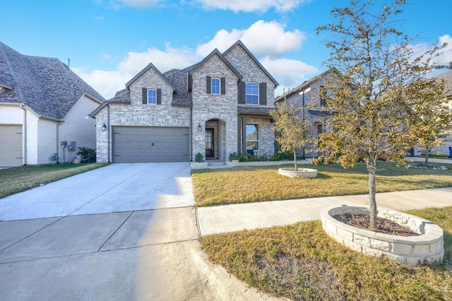french country style house with driveway, brick siding, a garage, and a front lawn