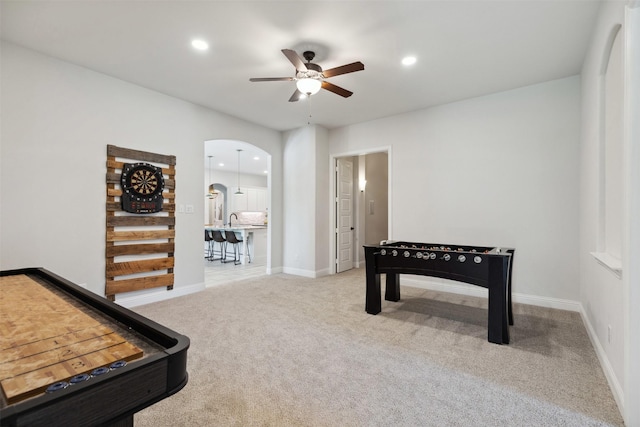 2602 Cypress Dr, Rockwall, TX 75087 - rec room featuring recessed lighting, a ceiling fan, arched walkways, and carpet flooring
