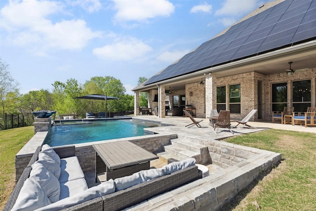 2602 Cypress Dr, Rockwall, TX 75087 - view of swimming pool with an outdoor hangout area, a patio, and ceiling fan