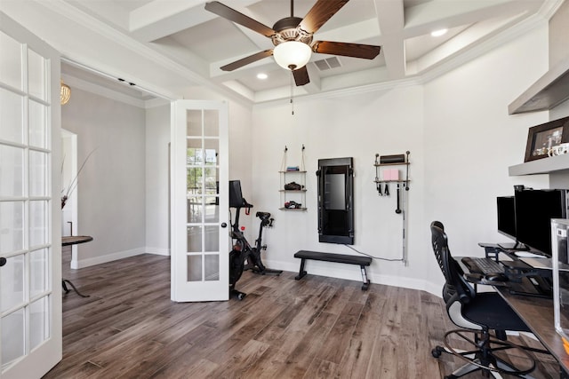 2602 Cypress Dr, Rockwall, TX 75087 - office featuring a ceiling fan, french doors, wood finished floors, baseboards, and coffered ceiling