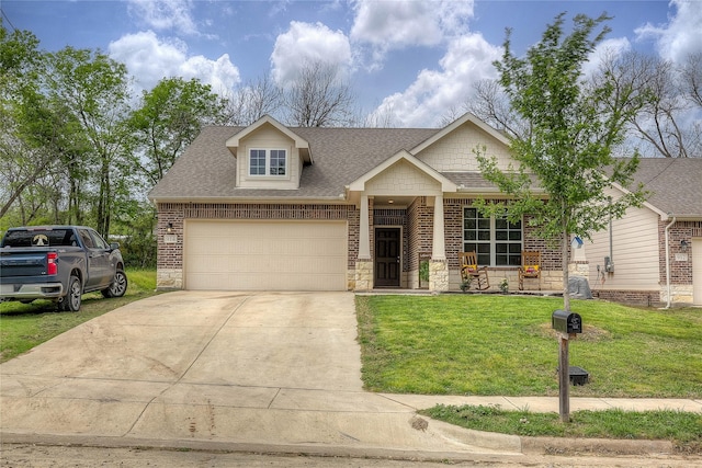 914 Edgar St, Greenville, TX 75401 - view of front of house featuring concrete driveway, an attached garage, stone siding, a front yard, and a shingled roof