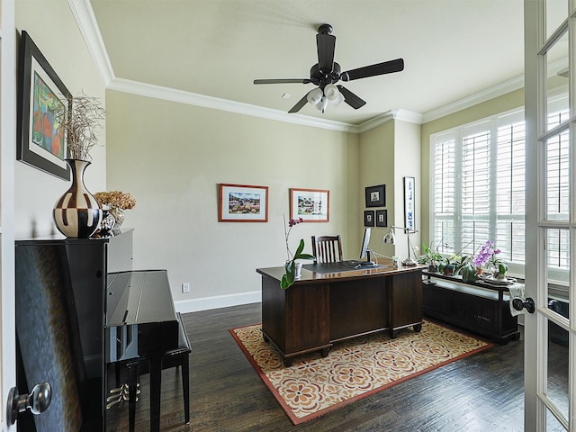 office with plenty of natural light, a ceiling fan, and dark wood finished floors