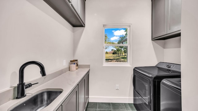 118 E Bay Dr, Bridgeport, TX 76426 - laundry room featuring a sink, cabinet space, baseboards, washer and dryer, and dark tile patterned floors