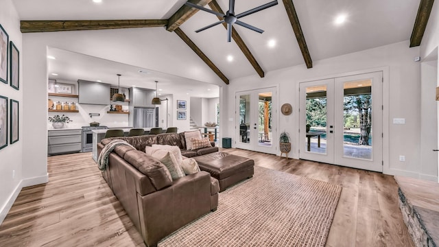 118 E Bay Dr, Bridgeport, TX 76426 - living room featuring beamed ceiling, ceiling fan, recessed lighting, light wood finished floors, and french doors