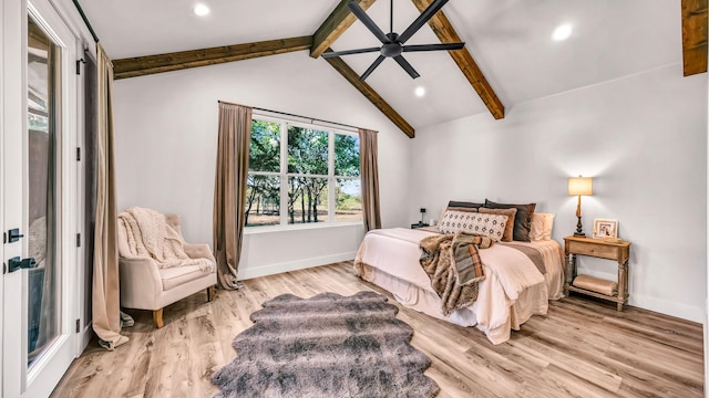 118 E Bay Dr, Bridgeport, TX 76426 - bedroom featuring lofted ceiling with beams, baseboards, light wood finished floors, and recessed lighting