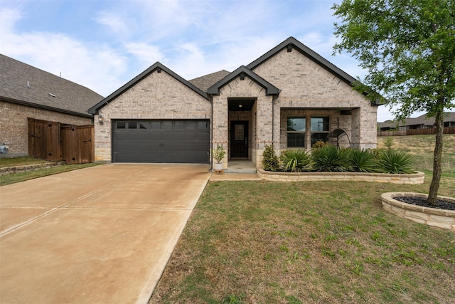 view of front facade featuring fence, an attached garage, driveway, a front yard, and brick siding