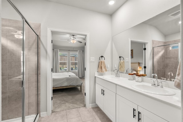 full bathroom with a sink, a shower stall, ensuite bath, and visible vents