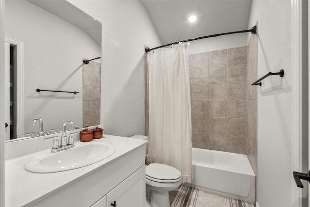 full bathroom with toilet, shower / bath combo with shower curtain, and vanity