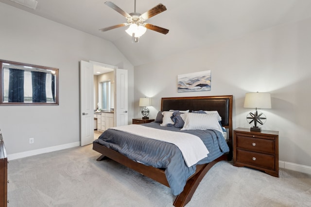 4600 Autumn Sage Dr, Prosper, TX 75078 - bedroom with baseboards, vaulted ceiling, light colored carpet, ensuite bathroom, and ceiling fan