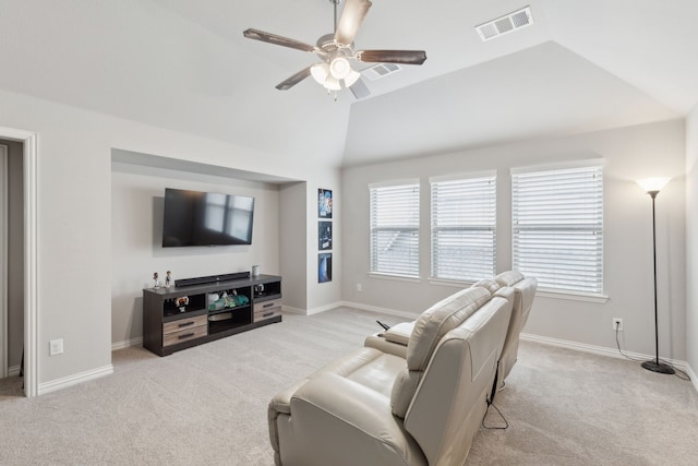 4600 Autumn Sage Dr, Prosper, TX 75078 - living room featuring light colored carpet, lofted ceiling, ceiling fan, and baseboards