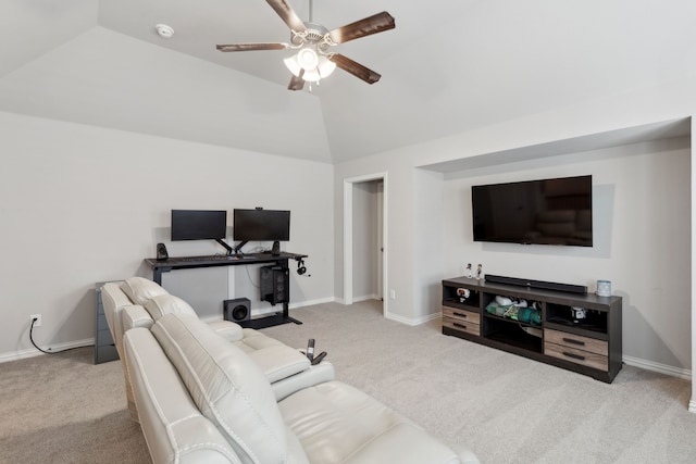 4600 Autumn Sage Dr, Prosper, TX 75078 - carpeted living area with ceiling fan, vaulted ceiling, and baseboards