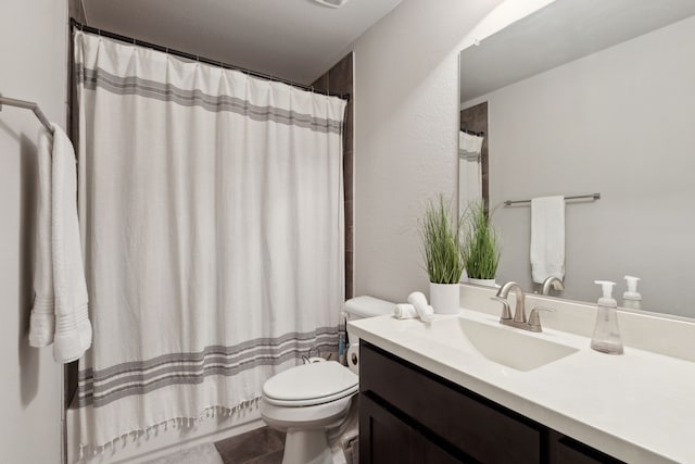 4600 Autumn Sage Dr, Prosper, TX 75078 - bathroom with toilet, vanity, and shower / bathtub combination with curtain